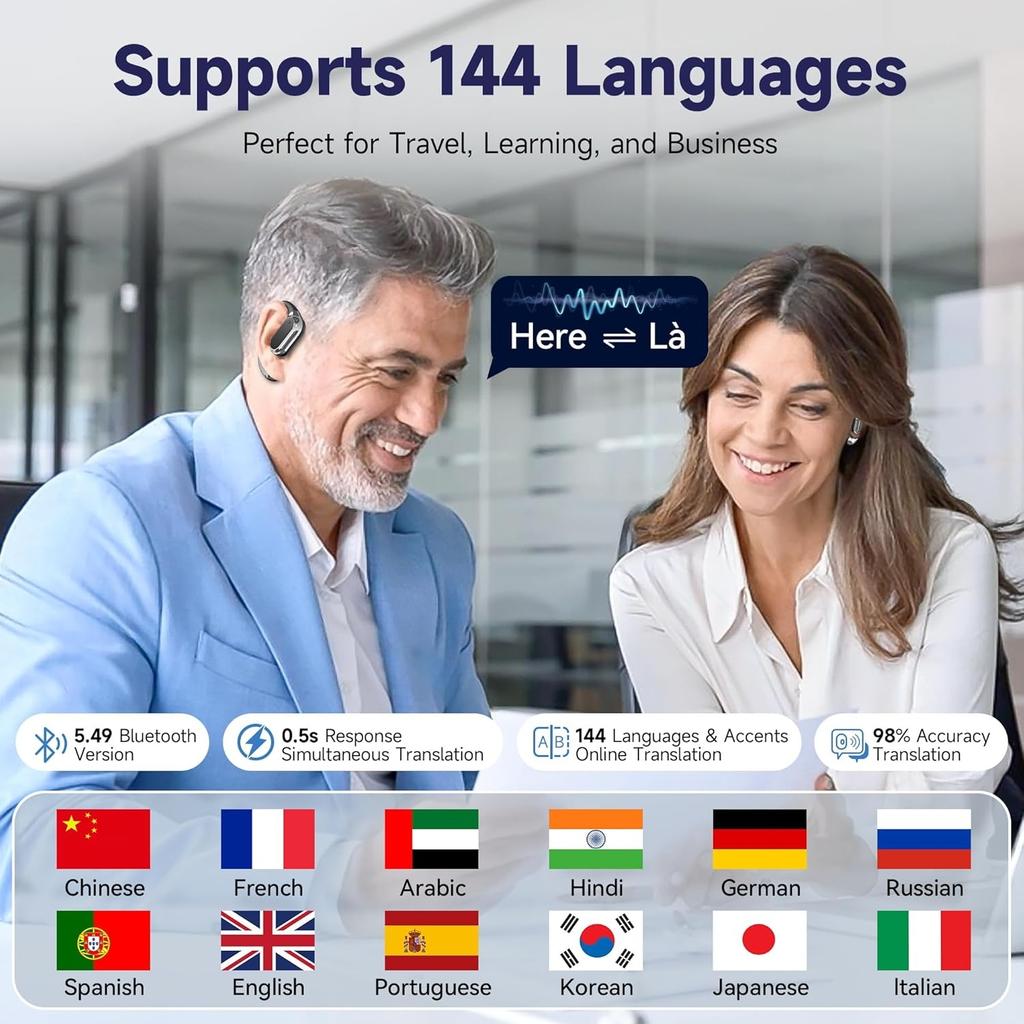 Наушники-вкладыши с функцией перевода языка с помощью искусственного интеллекта Bluetooth 5.49, переводчик для 144 языков и акцентов, сенсорные наушники для путешествий, бизнеса, обучения