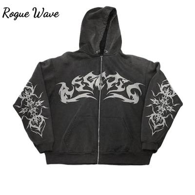 RogueWave Уличная Ретро Одежда Принт Пламени Свободный Свитшот Y2K Готика Панк Харадзюку Повседневный Топ Свободная Толстовка на Молнии