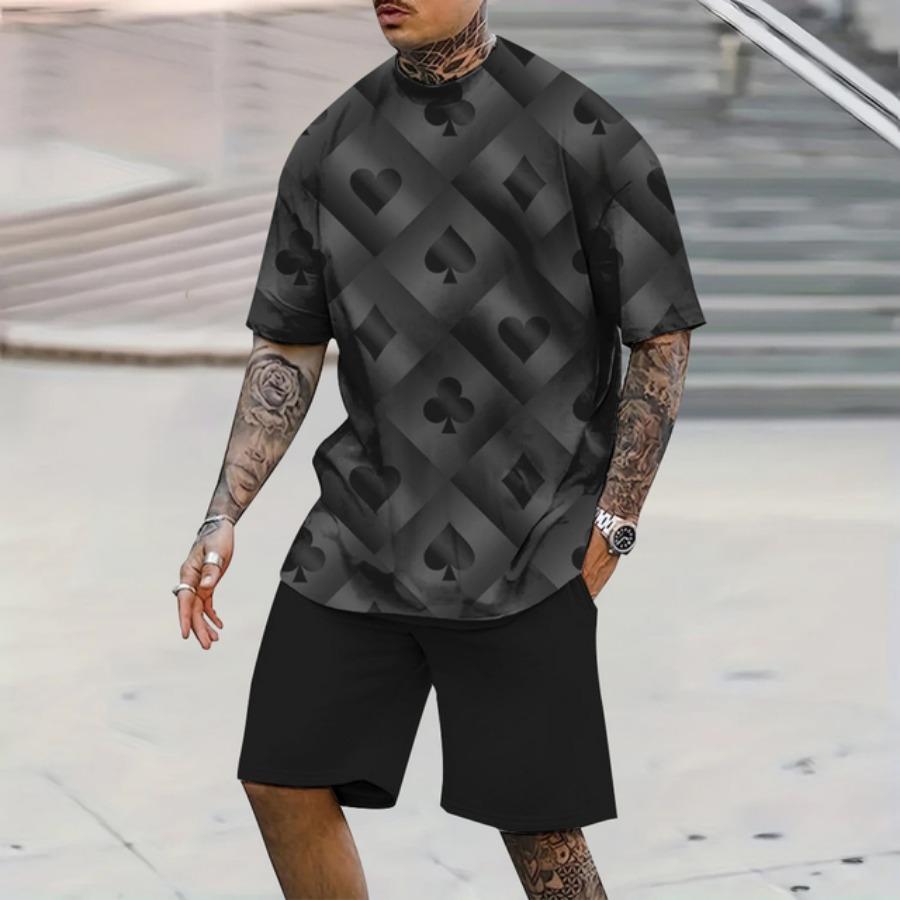 Стильный мужской спортивный стиль летний мужской комплект из 2 предметов повседневный дышащий короткий рукав покер 3d принт свободный большой размер