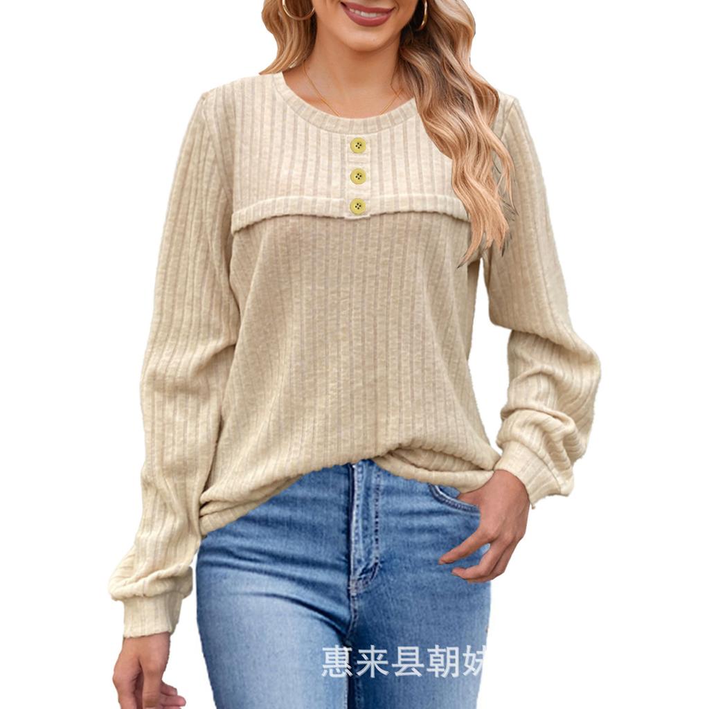 GMXIA Autumn and Winter Frosted Pit Stripe Button Long-sleeved T-shirt Casual Knitted Women's Top Sweaters
