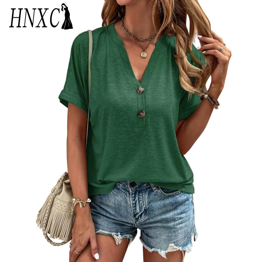 HNXC Women's Fashion Casual Solid Color Print Short Sleeve V Neck Blouses & Shirts