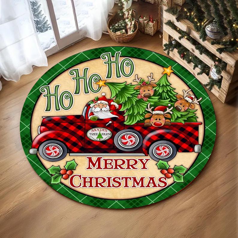 Christmas Ornaments Round Rug Merry Christmas Santa Rudolph Riding Home Mat Living Room Decor Sofa Rug Festival Event Carpet