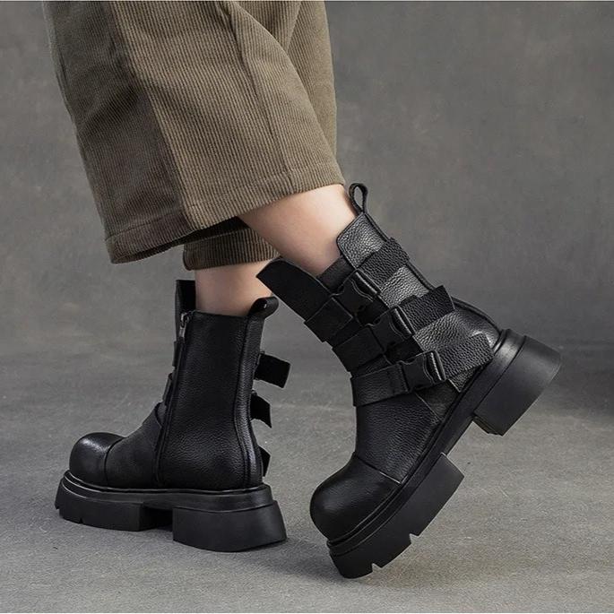 Johnature Plush Warm British Style Mid-calf Boots Genuine Leather Thick Soled Women's Shoes