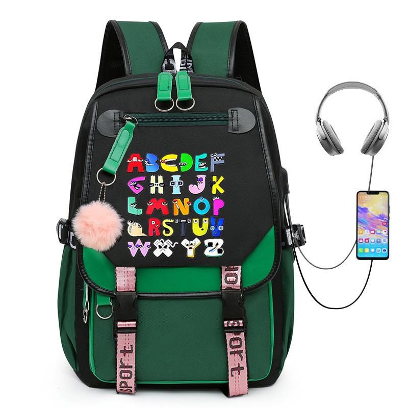 Kids School Backpack With Alphabet Lore Cartoon Design Large Capacity Oxford Fabric Bag Grades 2-6 Breathable Lightweight