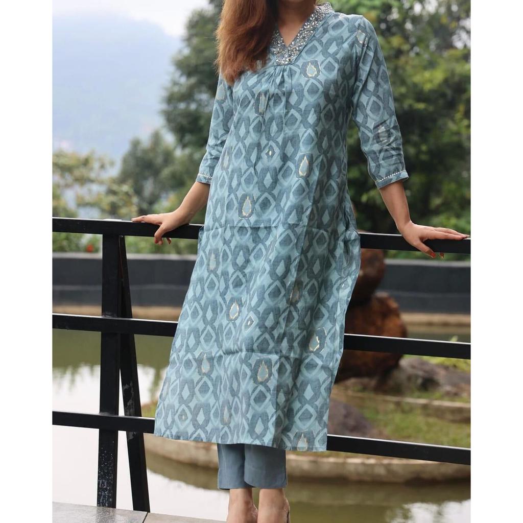 Индийский топ-туника Хлопковый комплект Курта и брюки Женская одежда для вечеринок Болливудская этническая Курти VF-20247a