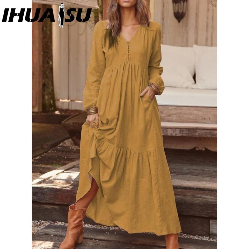 IHUASU Women's Cotton Maxi Dress Long Sleeve Ruffle Pocket