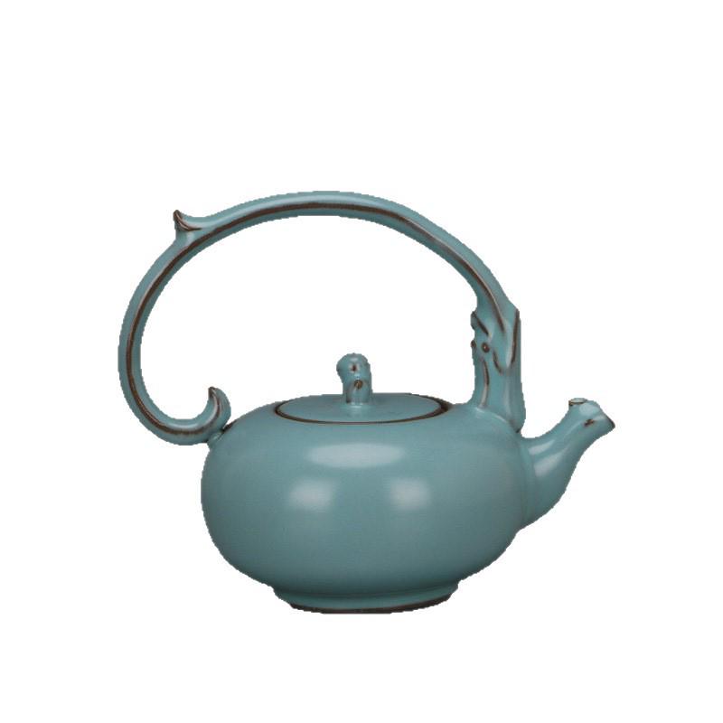 Ru Kiln Blue Glaze Dragon Handle Kettle: Song Dynasty-Style Porcelain Antique Ornament.