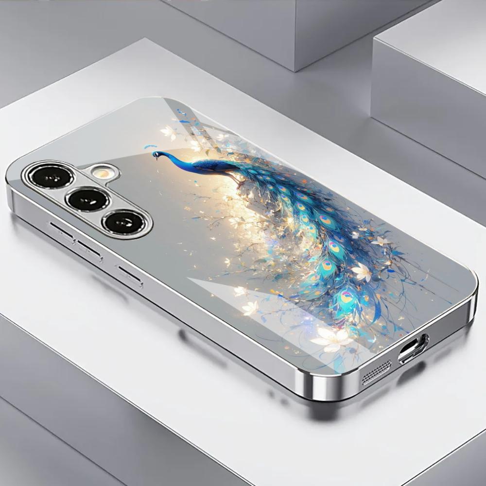 Luxury Crystal Peacock Pattern Electroplated Silver Shockproof Phone Case for Samsung Galaxy S26 S25 S24 S23 S22 Ultra Plus FE