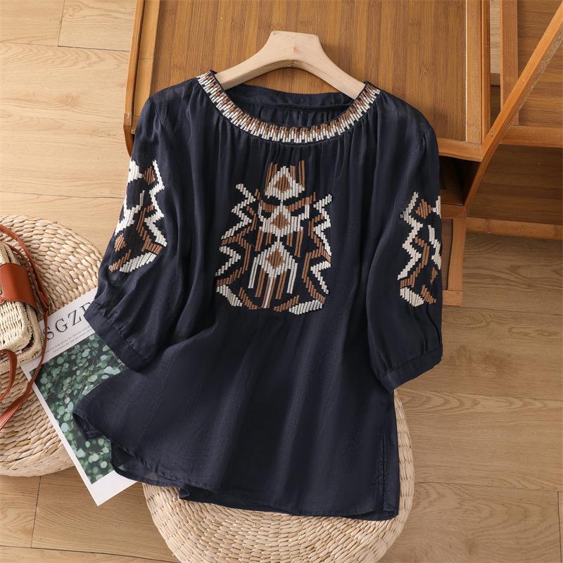 Рубашка из хлопка и льна с вышивкой Heavy Industry, рукава пять точек, для женщин, новый летний свободный тонкий свитер с круглым вырезом, топ из хлопка и льна