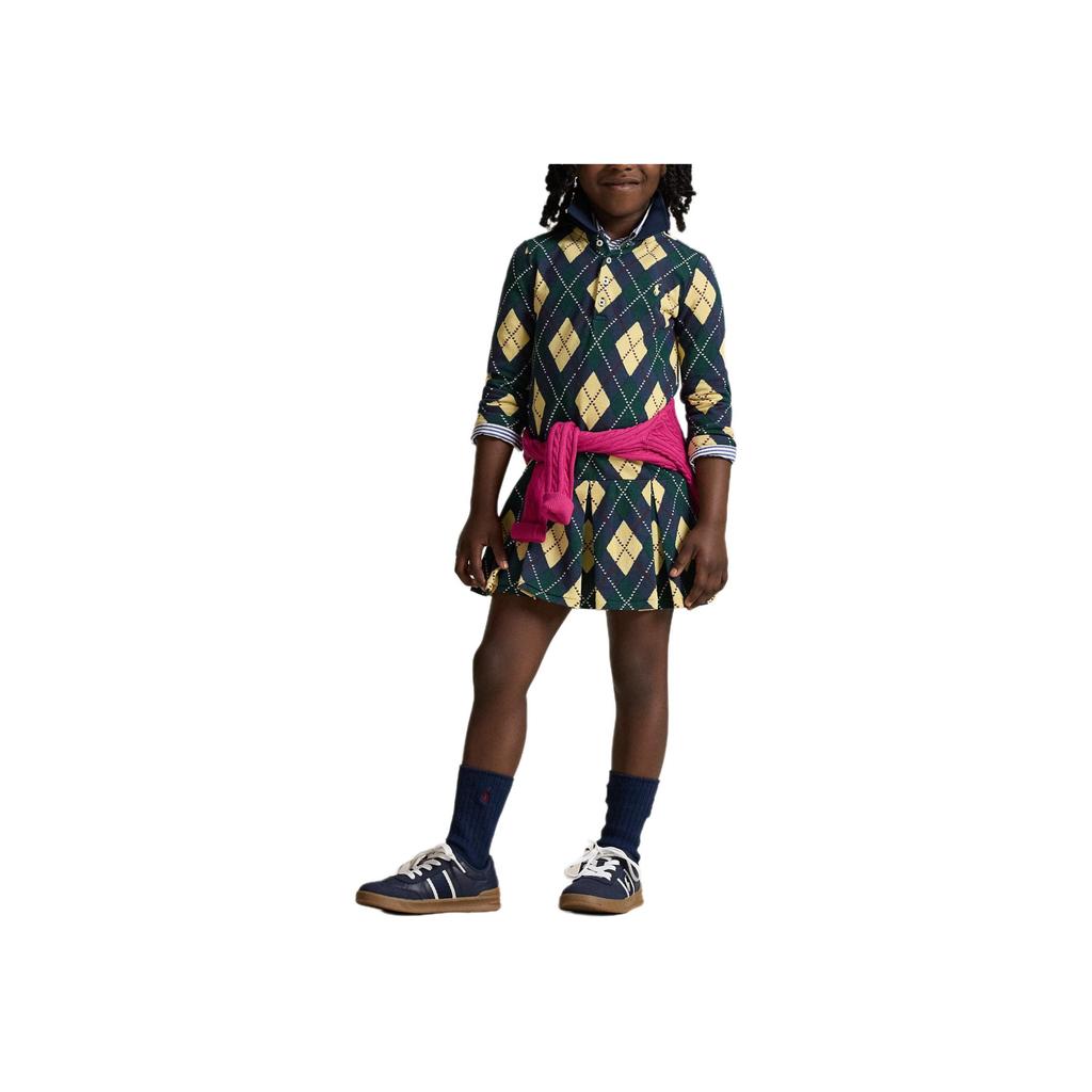 Комплект платья Polo Ralph Lauren Kids FW25 с воротником, длинным рукавом, эластичной талией, ромбовидным узором и плиссированной юбкой. Детский комплект платья 313979019-001