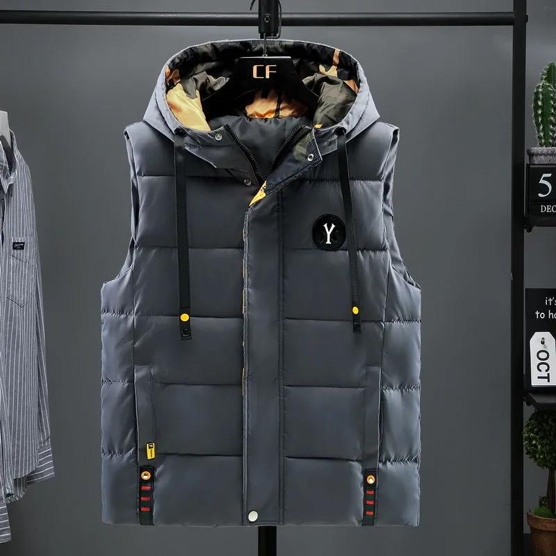 Men's Winter Vest Cotton Warm Sleeveless Coat Hat Detachable Padded  Waistcoat Work Wear Male High Quality Clothes 5XL