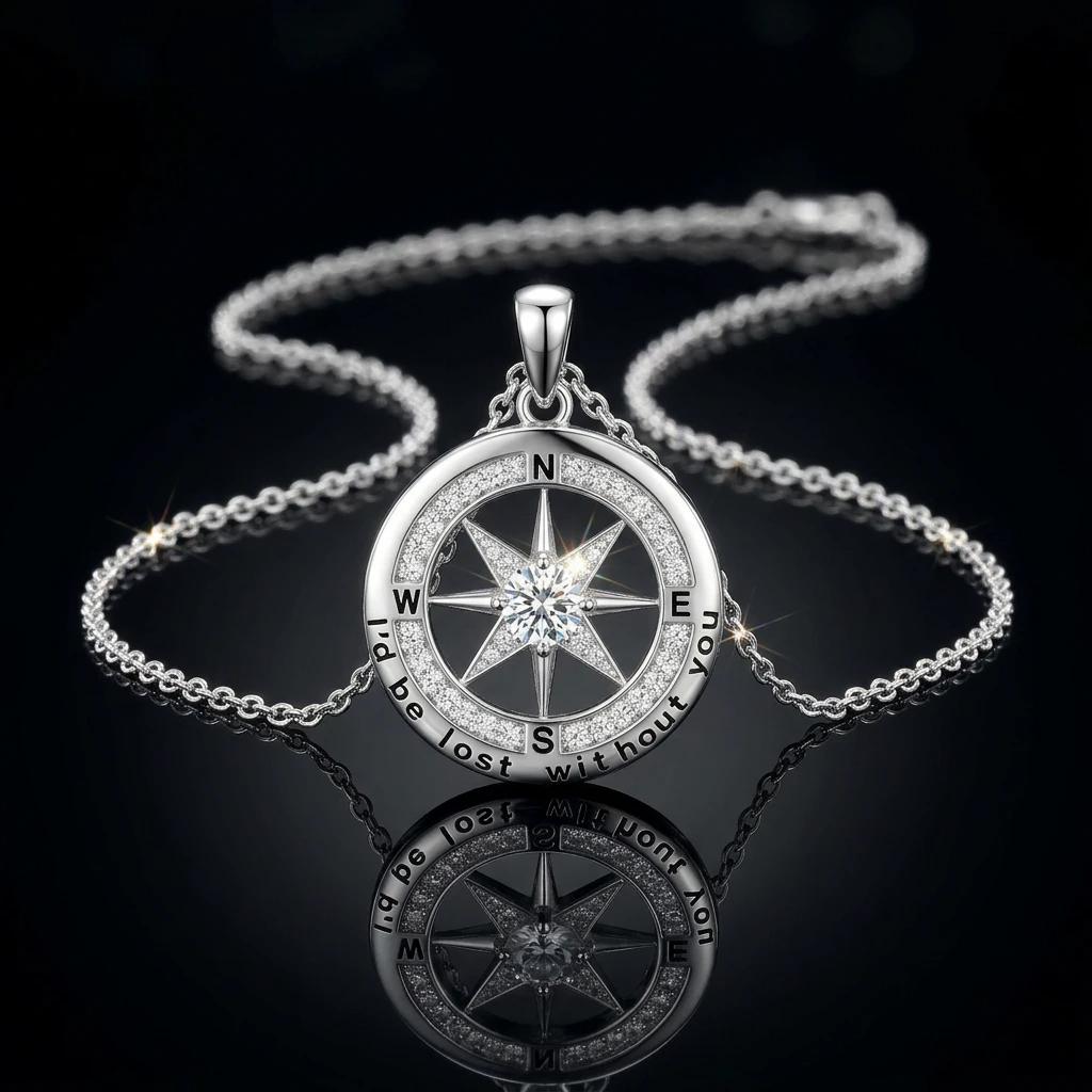 VVS Moissanite Compass Pendant S925 Silver Engraved Love Message Women Necklace
