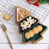 Ceramic Appetizer Dishes With Bamboo Tray Set Dinner Serving Tray Cake Fruit Dessert Plate Tree Dish (3 Saucers + 1 Tray)