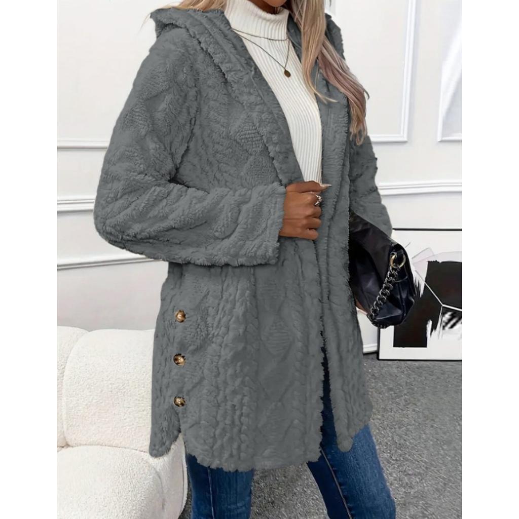 Autumn and Winter Hooded Solid Color Cardigan Button Long Sleeved Casual Fleece Jacket