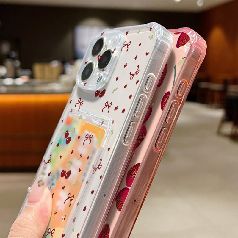 Чехол-карман с отделениями для карт для iPhone 17 Air 16e 16 15 14 13 Pro Max 11 12 Ударопрочный Красный Вишневый Узор Мягкий Силиконовый Чехол для Телефона