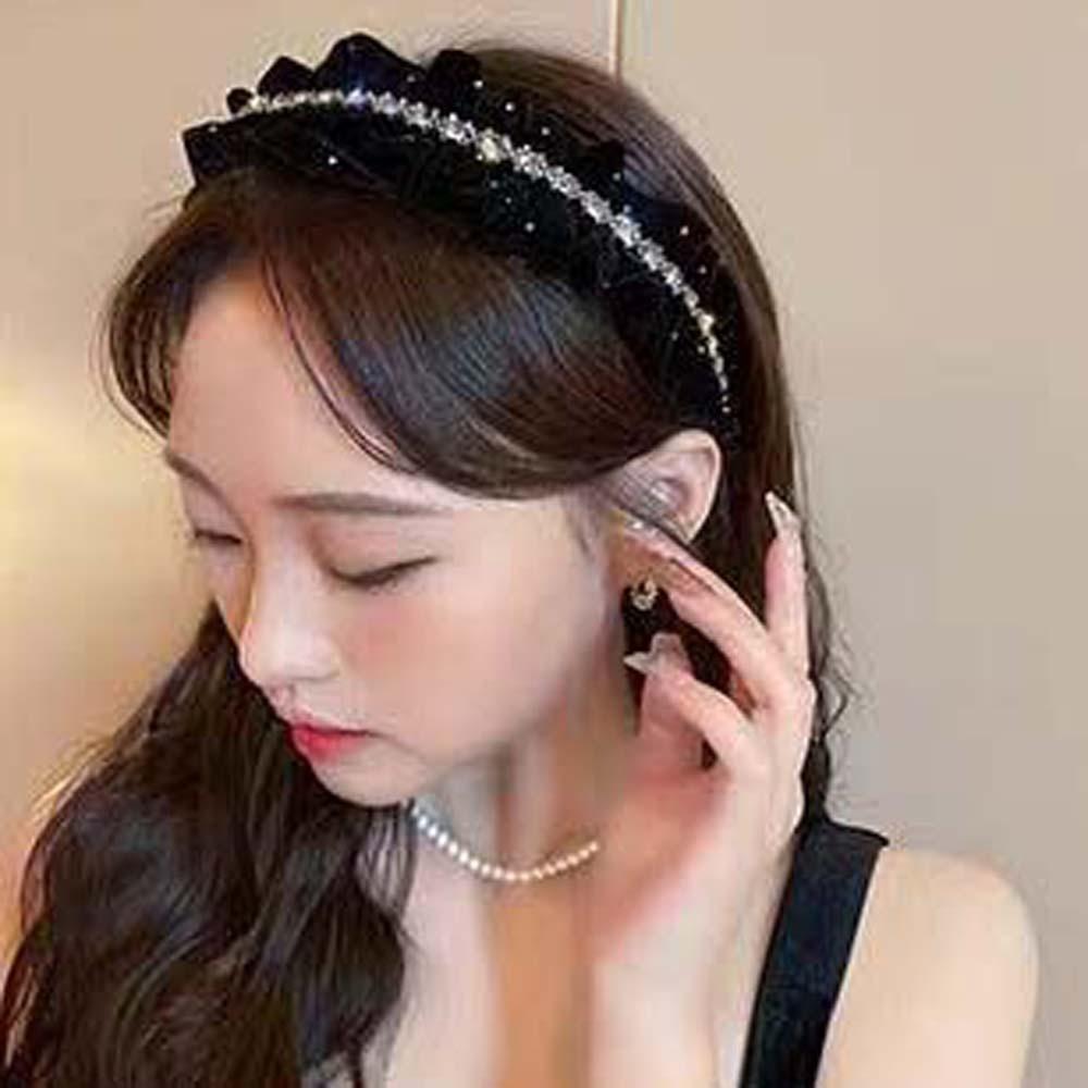 Elegant Shiny Rhinestone Headband Sweet Women Sequin Hairband Velvet Pleated Hair Hoop Female