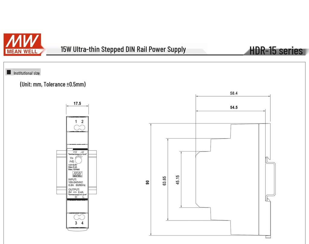 HDR-15 12V/24V 15W DIN Rail Switch Mode Power Supply