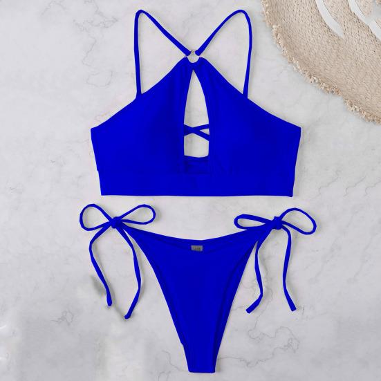 Купальник-бикини для девочек на шнуровке спереди, однотонный бюстгальтер из двух предметов, стринги с высоким вырезом, купальник для бассейна