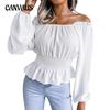 Весенне-осенняя женская блузка с длинным рукавом, сексуальная шифоновая блузка без бретелек с одним вырезом и оборками, топы