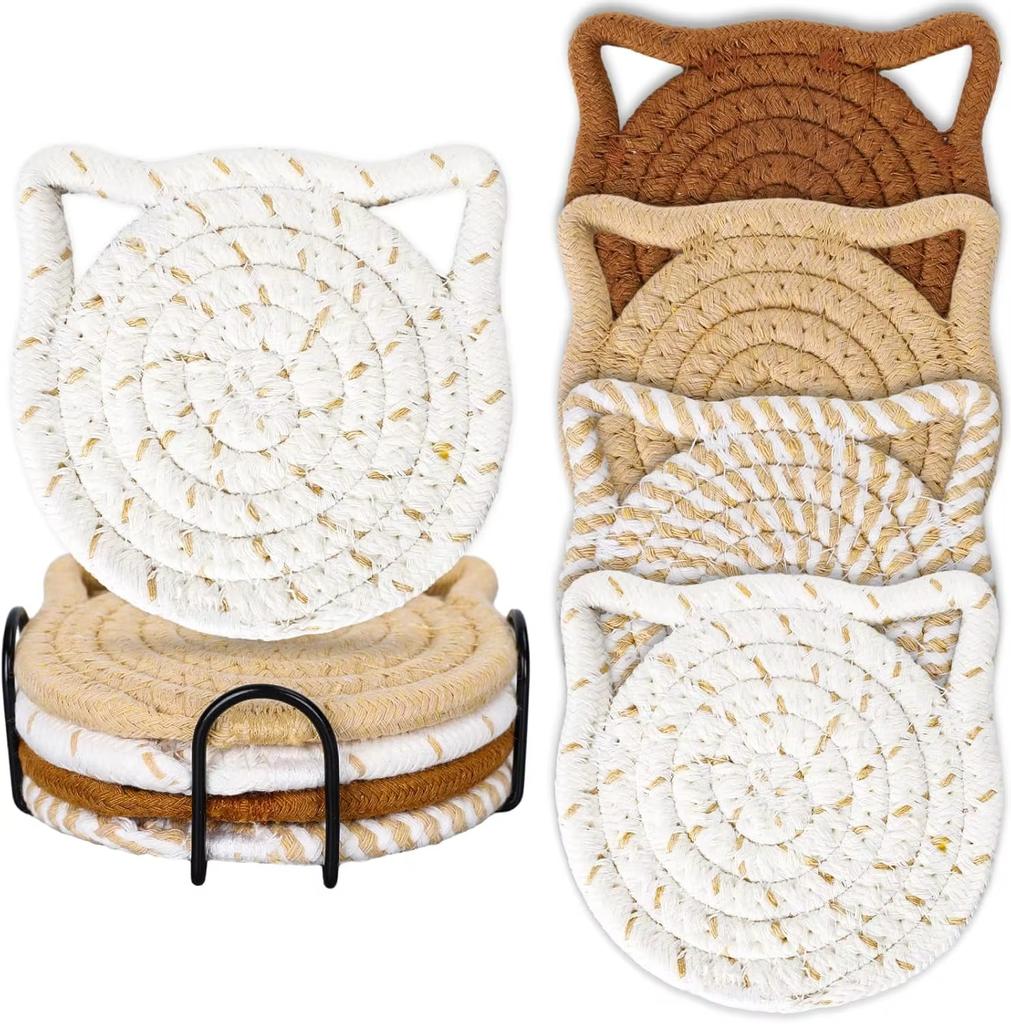 Cat Ear Coasters Set Brown White Handmade Braided Cotton Coasters Non-Slip Absorbent Drink Coaster No Holder