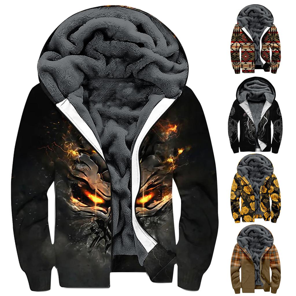 Men's Personalized Casual Printing Long Sleeve Zipper Sweater Thick Cotton Suit Winter