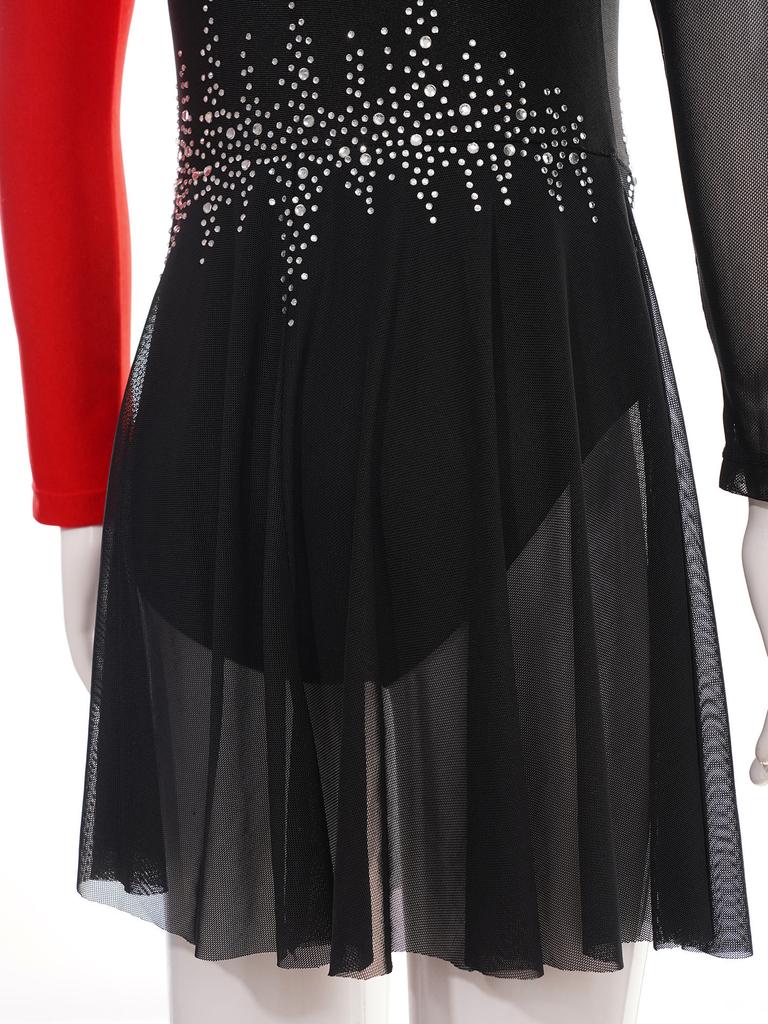 Kids Girls Dance Dress Figure Skating Performance Competition Costume Rhinestones Long Sleeve Dresses