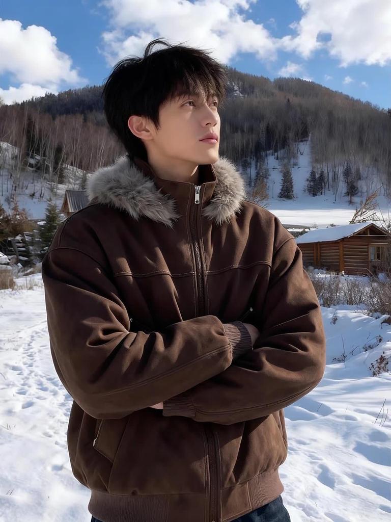 Мужская рабочая куртка в стиле ретро, цвет кофе, с потертостями, из хлопка с текстурой под кожу личи, с длинным меховым воротником и капюшоном, тяжелое зимнее пальто.