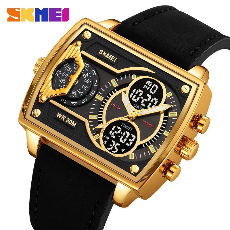 Golden Big Dial Three Time Men Wrist Watches Stainless Steel Men Sports Digital Military Quartz Watch Luminous Male Clock