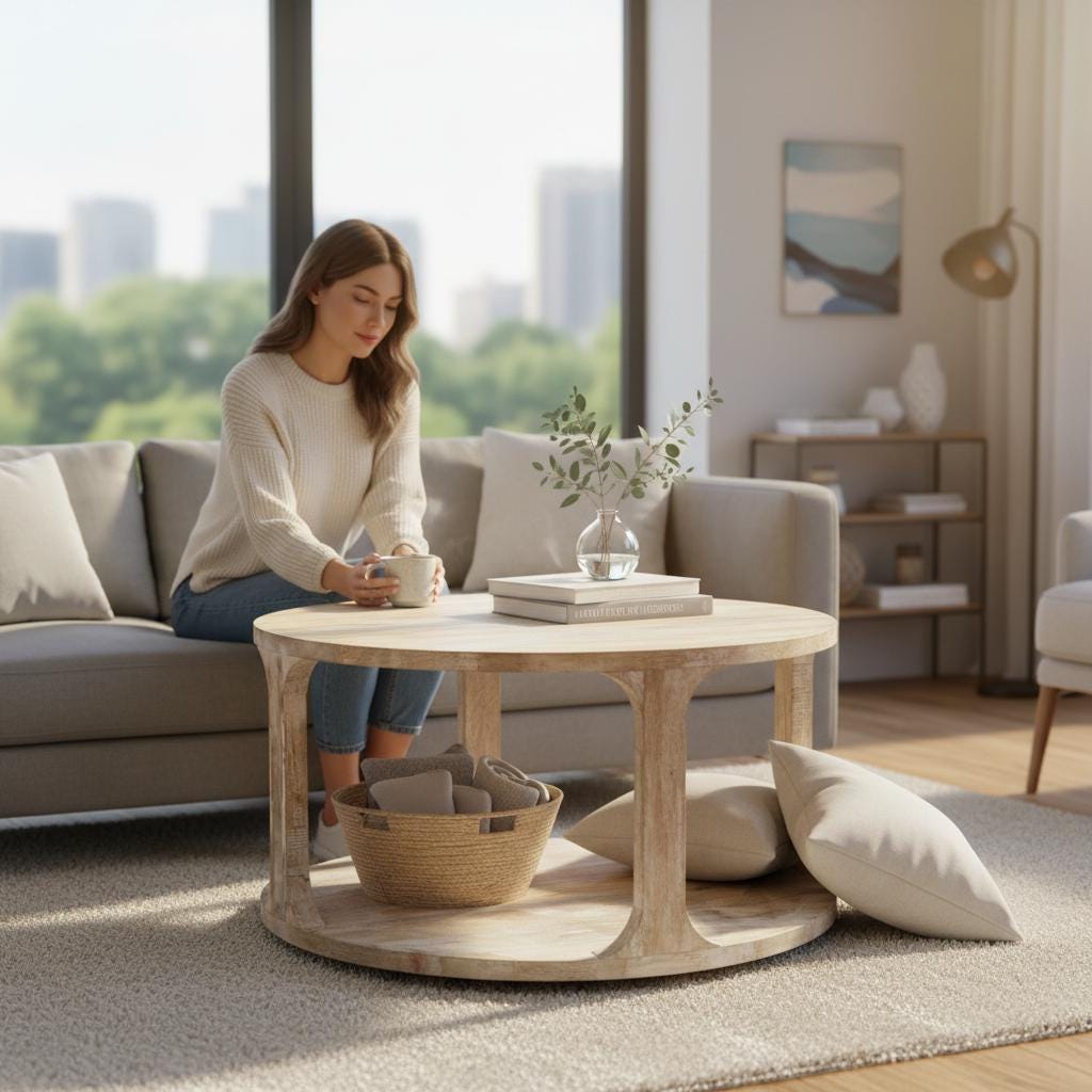 Wooden Coffee Table with Storage Shelf Handmade Round Center Table for Living Room, Indian Nightstand Tea Table, Side Table, Low Table