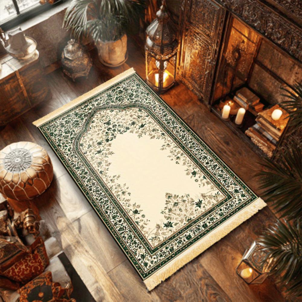 Luxury Green Floral Boho Print Muslim Prayer Mat, Foldable Travel, Washable Lightweight Rug for Ramadan, Eid, Mosque Use
