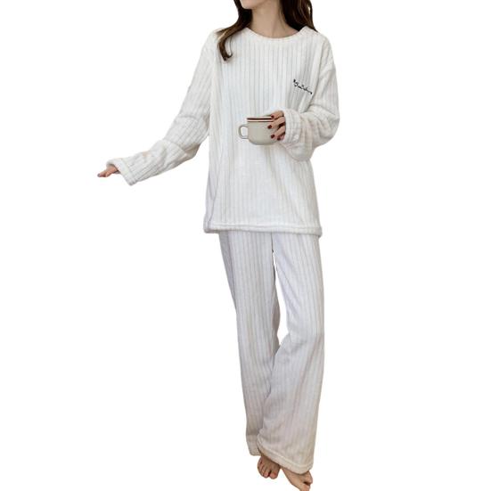 2 шт./комплект унисекс зимняя пижама комплект круглый вырез однотонный утолщенный коралловый флис домашняя одежда