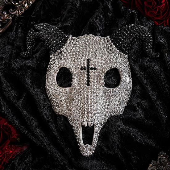 Lightweight Halloween Mask Goat Head Skull Mask, Horror Rhinestone Animal Scary Breathable Horned Devil Masquerade Cosplay Costume Party Prop