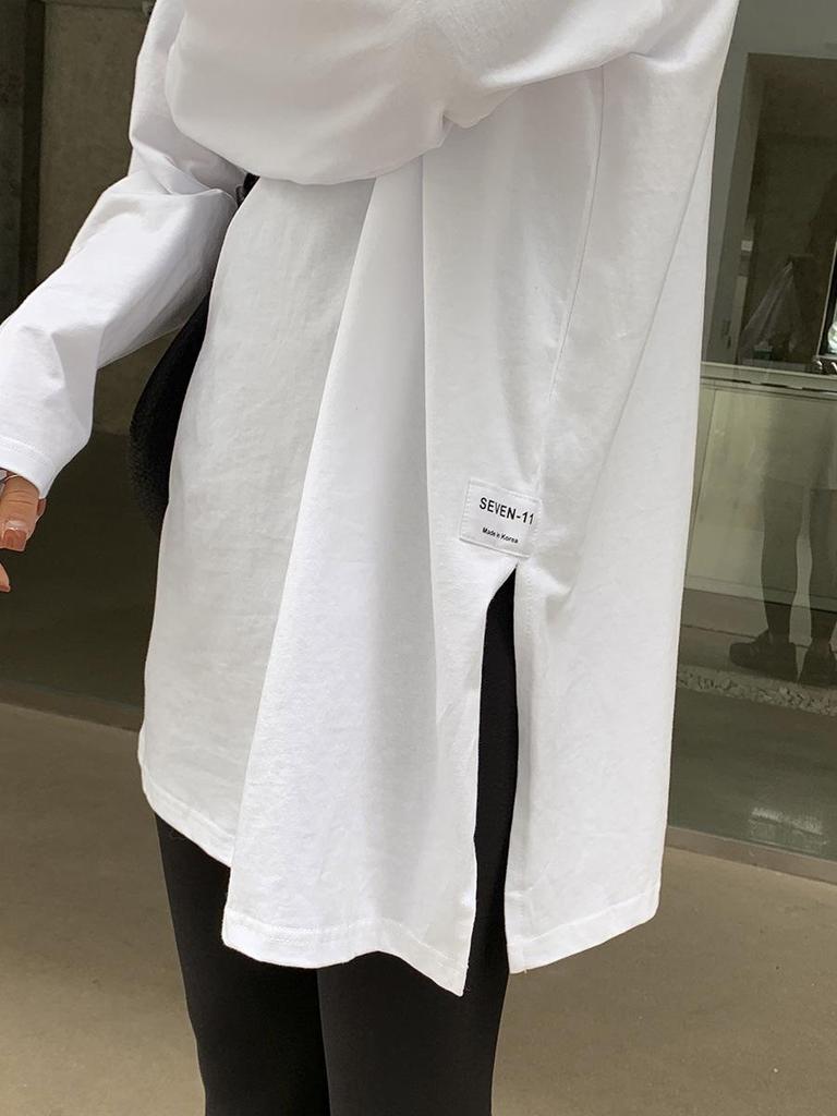 Осень 2025 г. Женская корейская однотонная футболка с длинными рукавами и разрезом - модный западный стиль