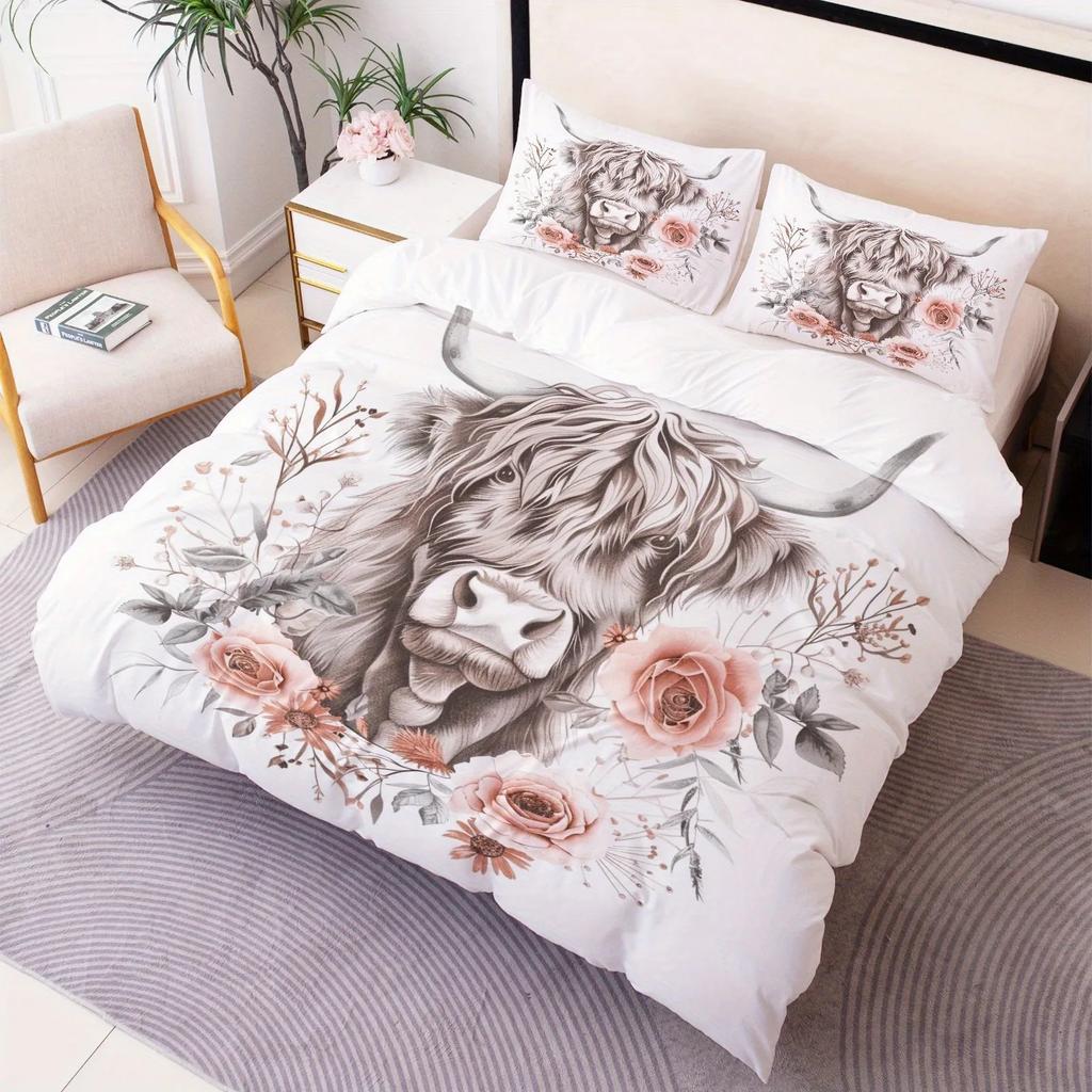 Комплект пододеяльника Хайлендский скот 3D-принт Постельное белье Твин Квин Двуспальный размер Комплект пододеяльника Наволочка Без простыни Декор для фестиваля