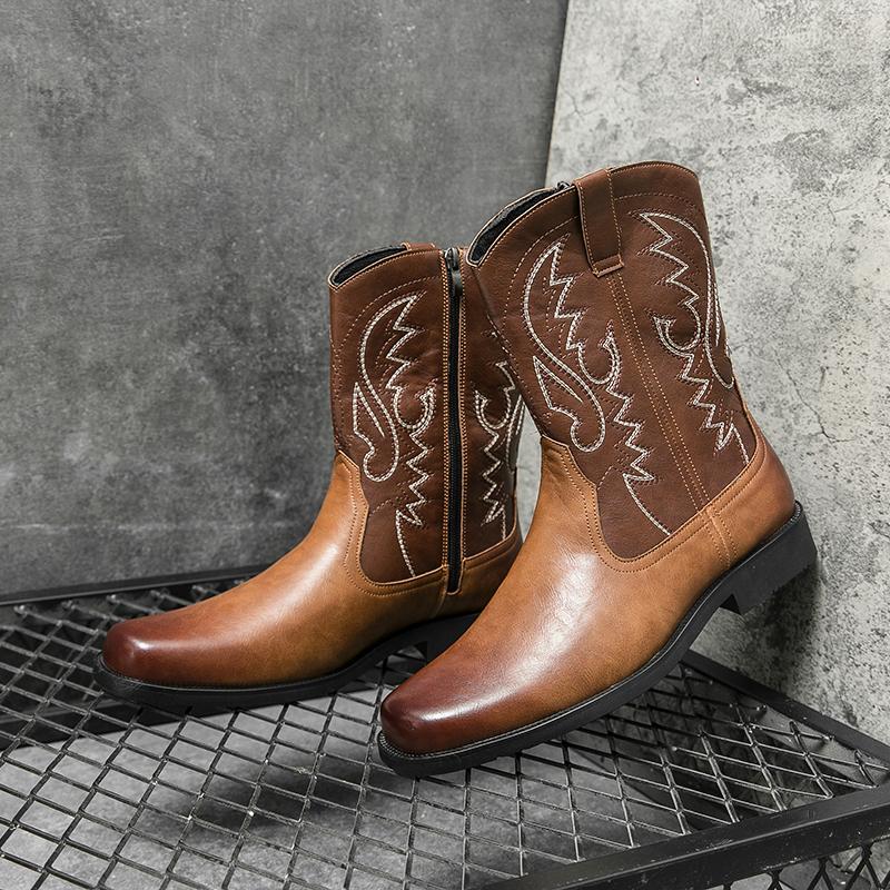 High Quality Embroidery Leather Boots Men Classic High Top British Men's Boots Motorcycle Shoes Men Ankle Western Cowboy Boots Male