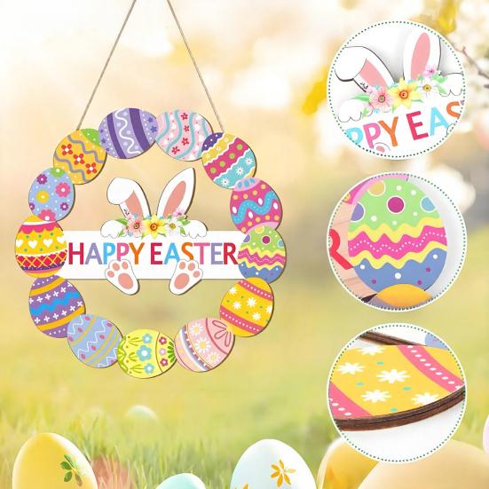 Yousheng Wooden Easter Door Wreath for Front Door Happy Easter Bunny Eggs Porch Sign for Spring Window Wall Hanging Decor