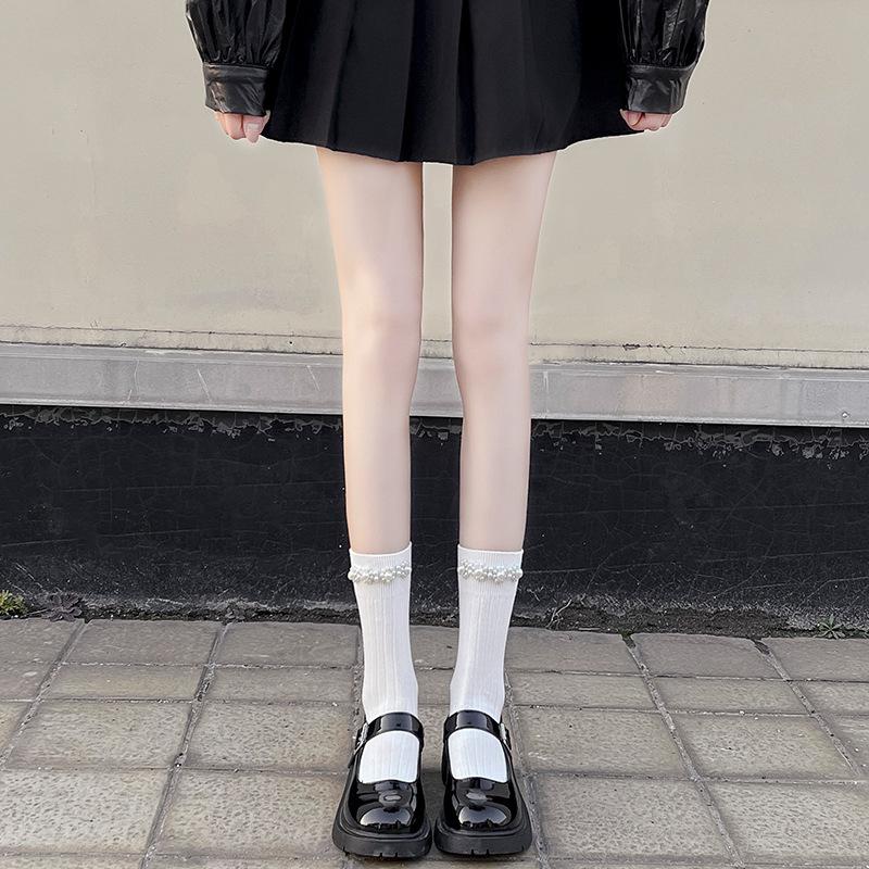 Черно-белые носки из телячьей кожи, однотонные жемчужные носки Fairy Pearl, носки Loli Ins Tide из чистого хлопка Jk Medium Tube Socks, весна и осень