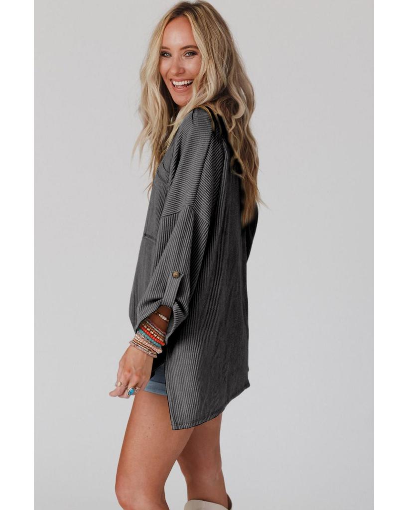 Azura Exchange Dark Gray Ribbed Roll-tab Sleeve Chest Pocket Oversize Top