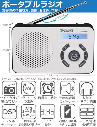Цифровое радио ZHIWHIS, совместимое с AM/FM/Короткими волнами/Широким FM, Встроенная литиевая батарея 2000 мАч, Цифровые часы и функция будильника, Работает от батарей, Порта