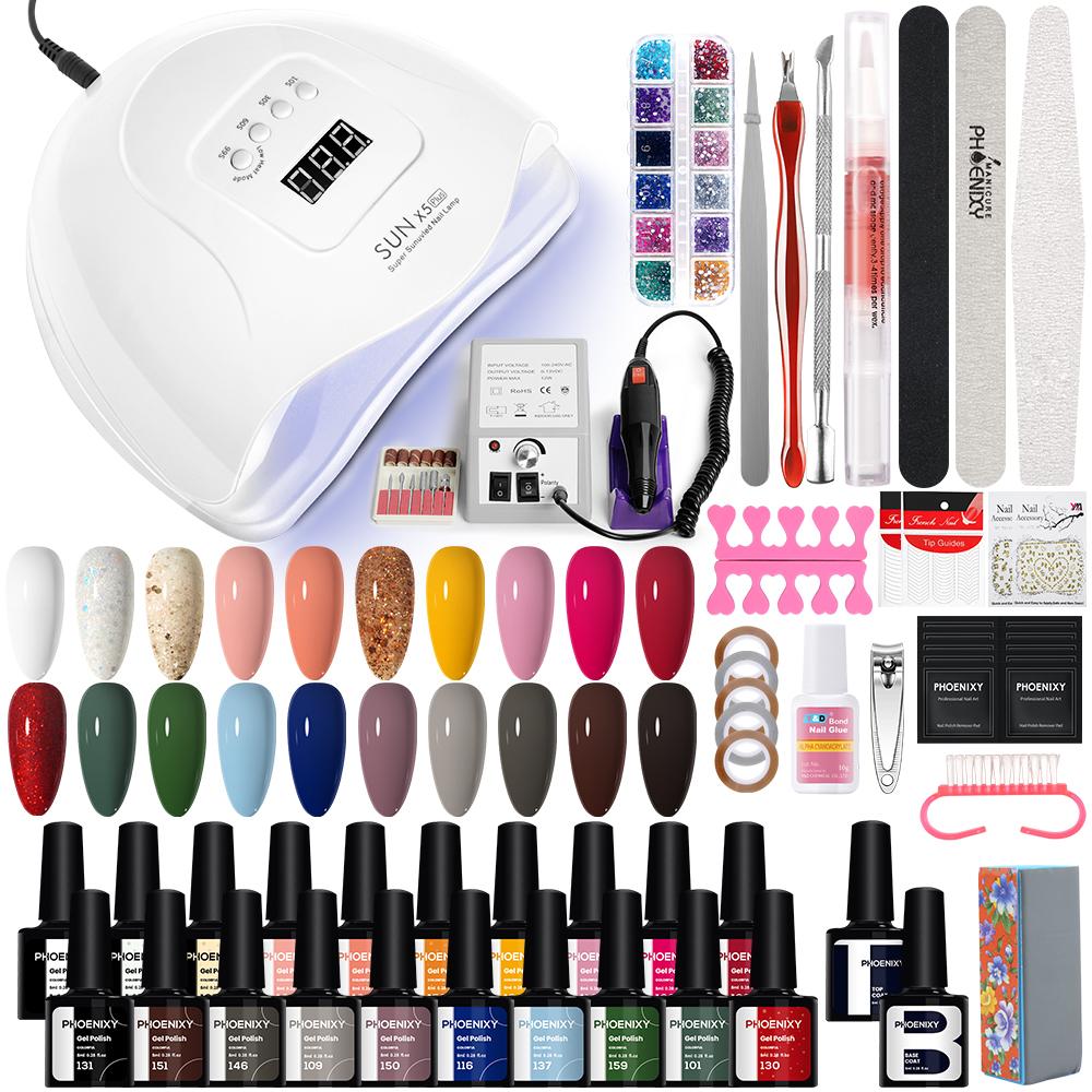Набор гелей для ногтей PHOENIXY, профессиональный дизайн ногтей с УФ-светодиодной лампой 80 Вт, дрель для гель-лака для ногтей, набор инструментов для удаления лака для ногтей, набор инструментов для маникюра