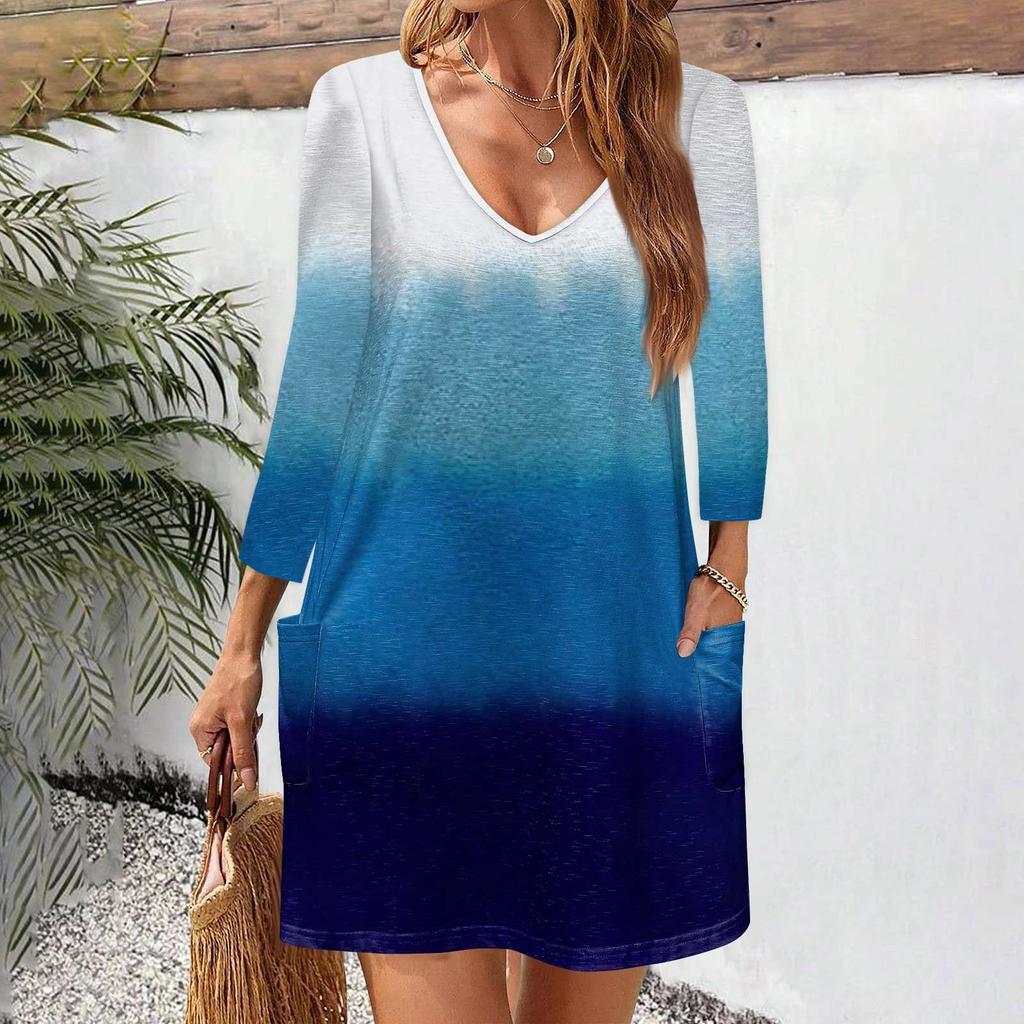 Women's Casual And Fashionable V-neck Gradient Printed Pocket 3/4 Sleeve Loose Fitting Dress