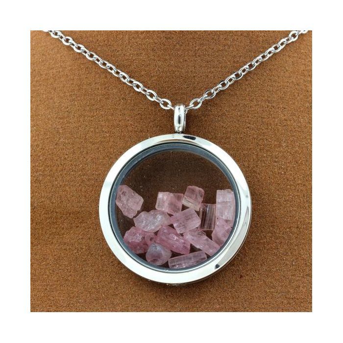Stones and Minerals. Raw Pink Tourmaline Necklace. 30 Mm Medallion Model. Color Silver.
