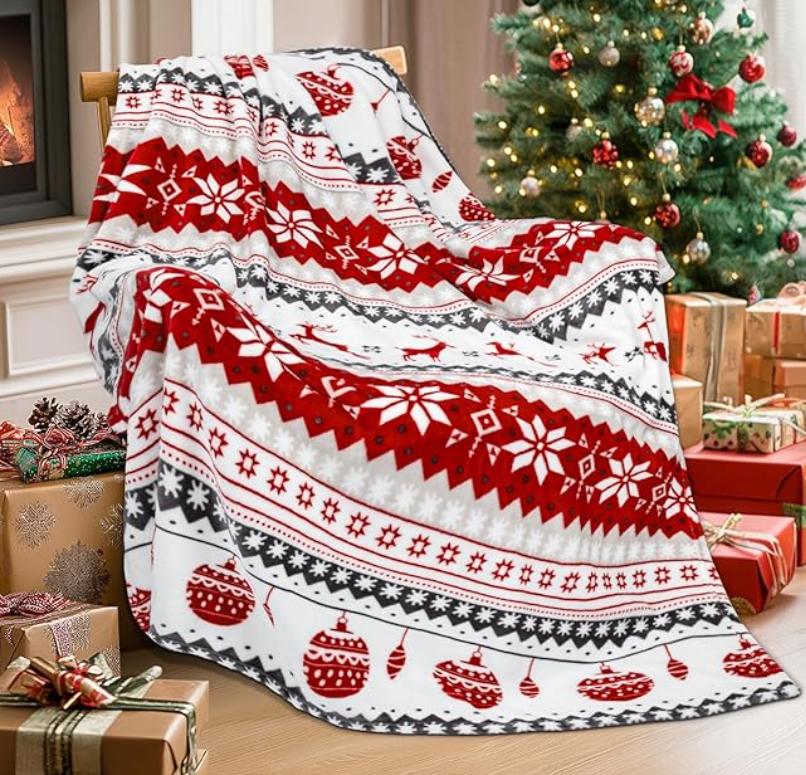 Christmas Throw Blanket for Couch, Holiday Christmas Reindeer Snowflakes Blanket Soft Cozy Plush, Warm Winter Cabin Throw Decor
