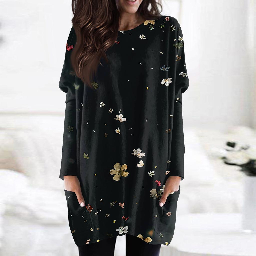 Women's Fashion Casual Long Sleeve Print Round Neck Double Pocket T-Shirt Top