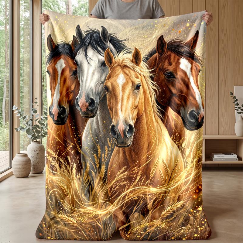 Golden Horse Journey Theme blanket Lightweight Warm Flannel Blanket Decorative Throw Blanket for Home Decoration