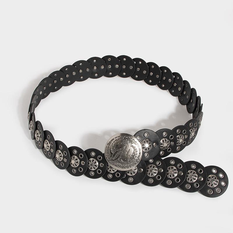 Панк-рок широкий кожаный ремень с клепаными люверсами для повседневной уличной одежды и для дам