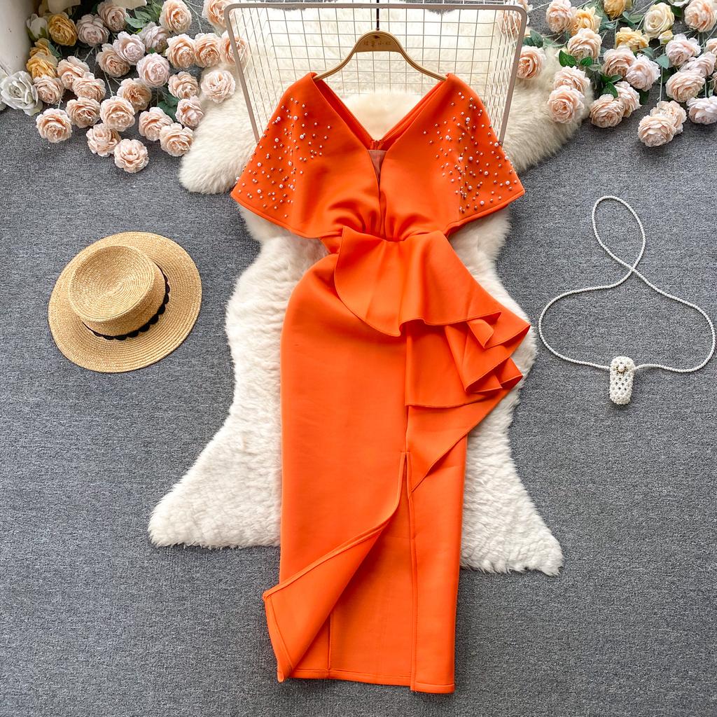 Роскошные элегантные дизайнерские платья с V-образным вырезом, вечернее платье с пайетками, женское облегающее платье Y2k до середины голени, отделка бисером