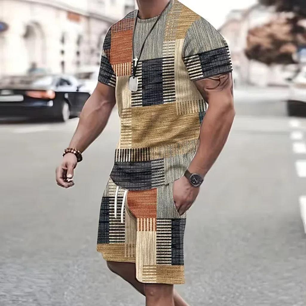 Летний уличный мужской костюм с короткими рукавами, повседневный, повседневный, модный, с короткими рукавами, для активного отдыха, спортивные шорты, новаторский полосатый принт