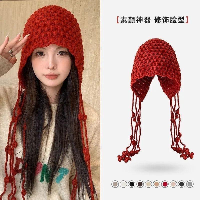 Winter Handmade Fashion Fringed Ball Wool Hat Thickened Thermal Bald Hat Women's Ear Protectors Straps Knitted Hat Tide