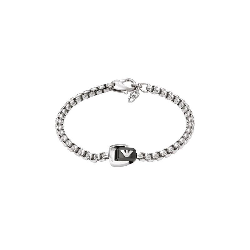 Emporio Armani Cuban chain black and silver double ring pendant men's bracelet Black Silver F Basic Packaging